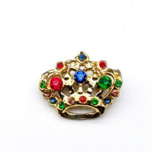 Colorful Crown Brooch, Vintage Gold Tone and Multi Color Crystals Lapel Pin